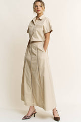 LACE TRIM BUTTON DOWN SHIRT AND MAXI SKIRT SET - HESET0032: SAND / L