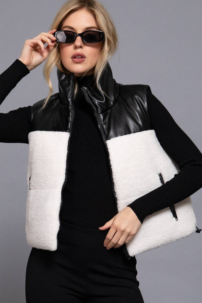 Reversible Faux Leather-Sherpa Crop Vest