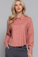 Long Sleeve Button Down Crop Linen Blend Shirt
