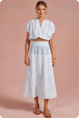 Floral Embroidery Cotton Lace Trim Skirt Top Set: Navy / L