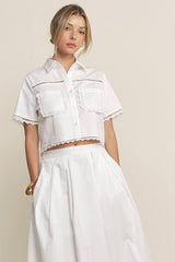 LACE DETAIL POCKET SHIRT & SKIRT SET-HSET0119: Off-White / L