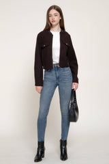 Long Sleeve Crew Neck Felt Jacket with Pocket Flap Detail: BRN-dark brown / L