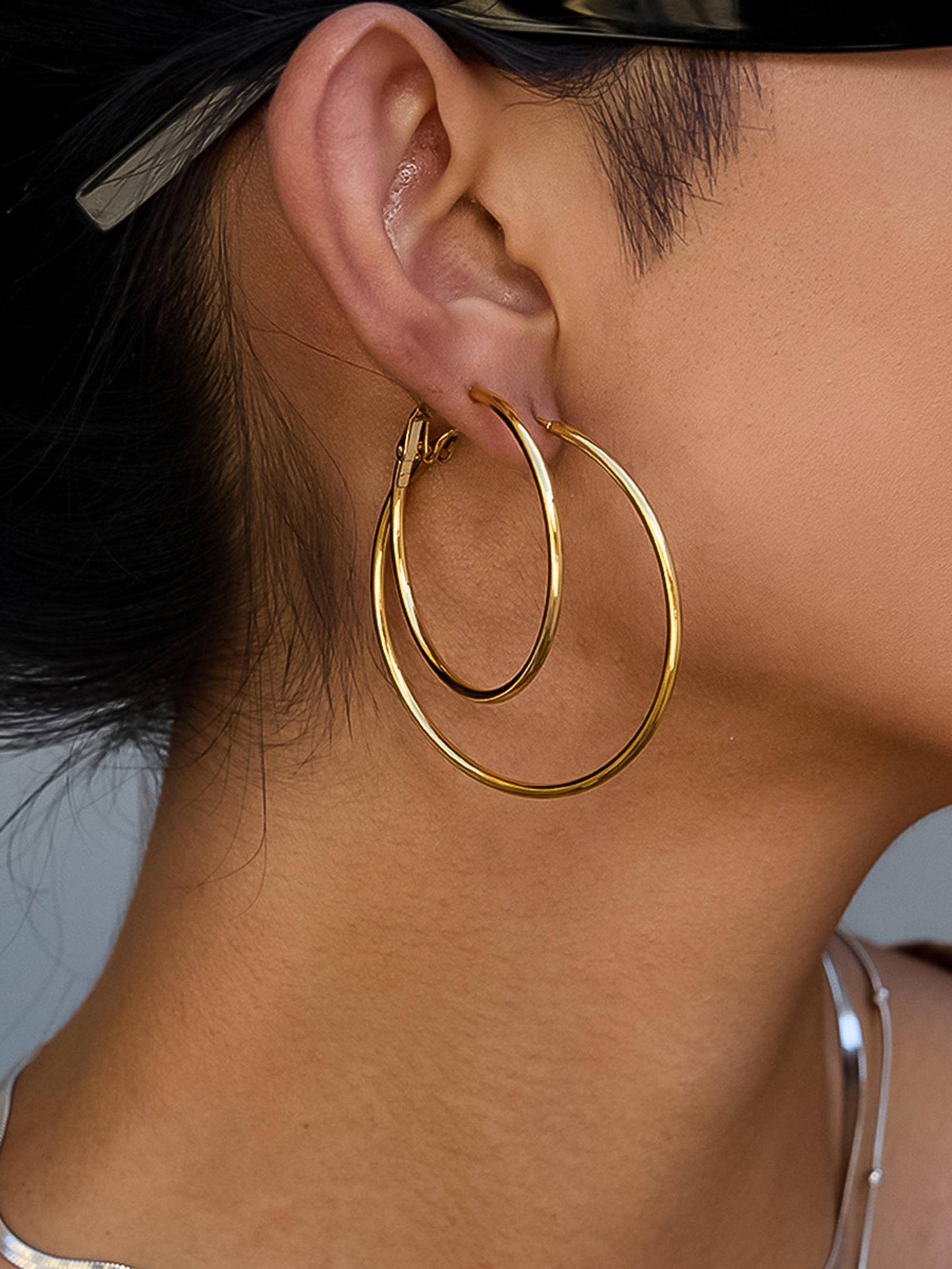 Eska 18K Gold Non-Tarnish Classic Thin Hoop Earring: Silver / 40 MM