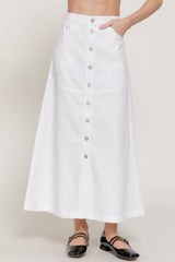 Stretch Cotton Twill A-Line Button Down Maxi Skirt: BLK-black / L