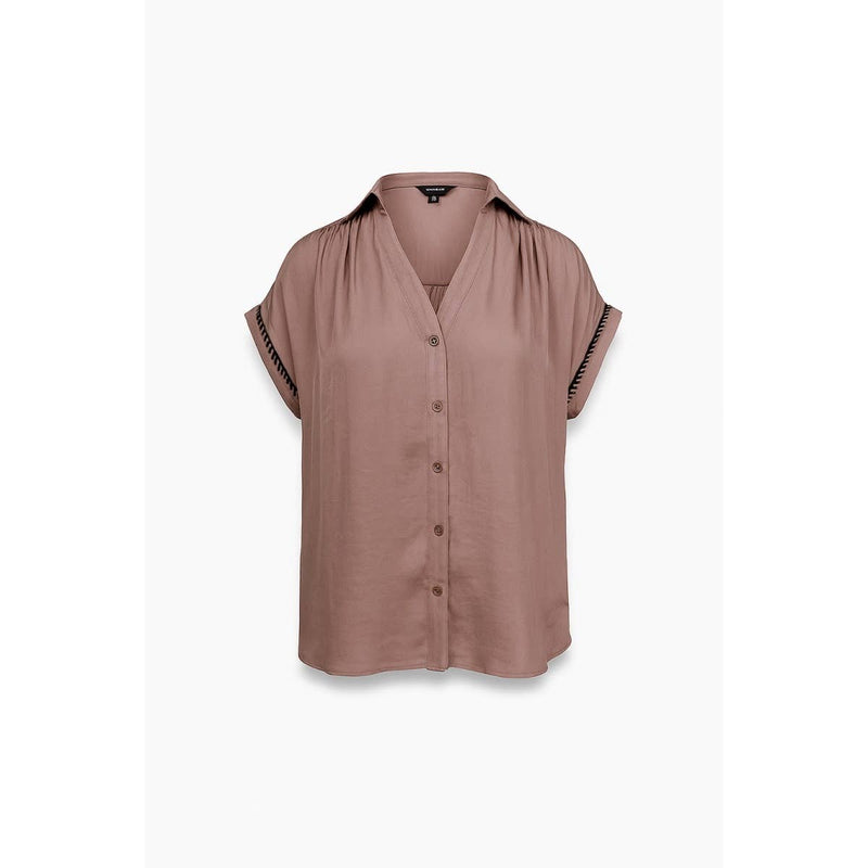 Whipstitch Short Sleeve Button Up Blouse