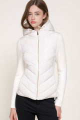 Hight Neck Adjustable Hoodie Quilted Puffer Jacket: IVY-cream / L