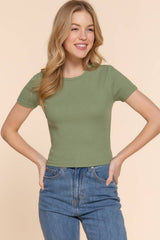 Short Sleeve Crew Neck Cotton Spandex Rib Knit Top : PNK-beige pink / L
