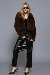 Long Sleeve Notched Collar Faux Fur Cropped Jacket: BRN-dark coffee / L