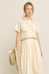 LACE DETAIL POCKET SHIRT & SKIRT SET-HSET0119: Off-White / L