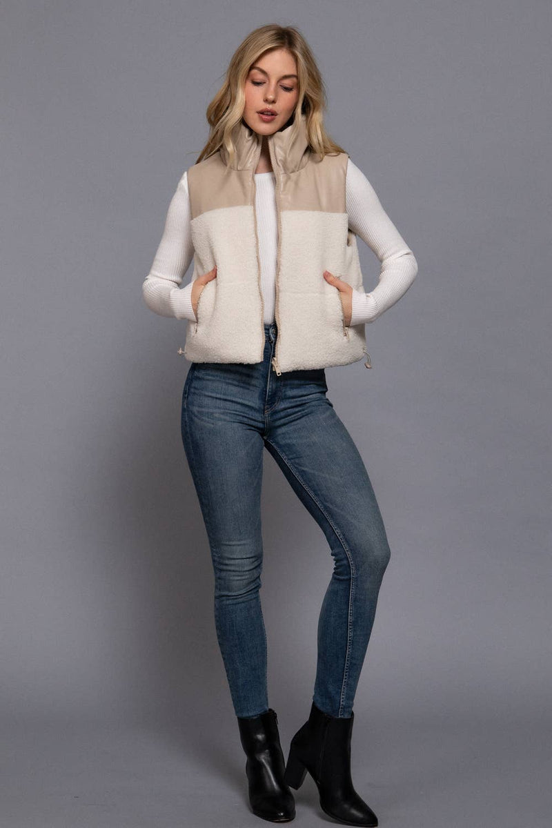 Reversible Faux Leather-Sherpa Crop Vest