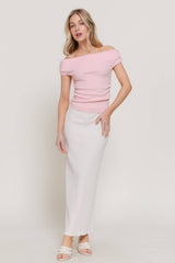 Off The Shoulder Side Ruched Sweater Top : BLK-black / L