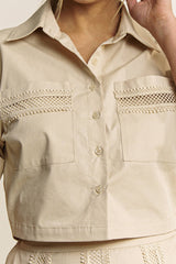 LACE TRIM BUTTON DOWN SHIRT AND MAXI SKIRT SET - HESET0032: SAND / L