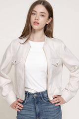 Long Sleeve Crew Neck Felt Jacket with Pocket Flap Detail: BRN-dark brown / L