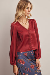 Lace Trim Satin Blouse