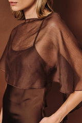 Sheer Chiffon Cape Overlay Satin Boat Neck Slip Midi