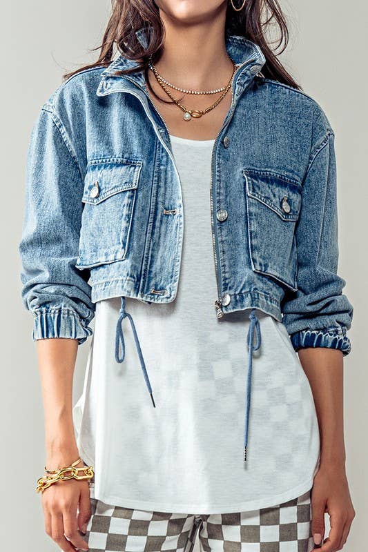 Drawstring Hem Stand Collar Denim Jacket