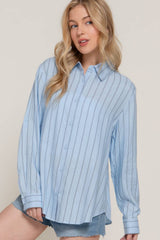 Long Sleeve Button Down Stripe Linen Oversized Shirt: