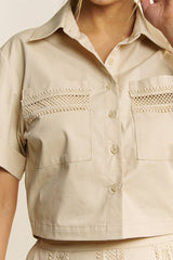 LACE TRIM BUTTON DOWN SHIRT AND MAXI SKIRT SET - HESET0032: SAND / L