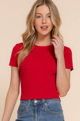 Short Sleeve Crew Neck Cotton Spandex Rib Knit Top : PNK-beige pink / L