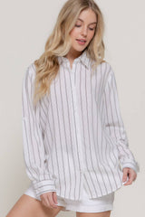 Long Sleeve Button Down Stripe Linen Oversized Shirt: