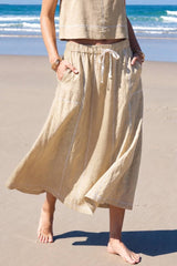 LINEN STITCH MIDI SKIRT: DARK BROWN / S