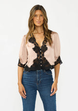 V-Neck Button Front Blouse with Lace Trim