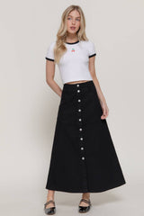 Stretch Cotton Twill A-Line Button Down Maxi Skirt: BLK-black / L