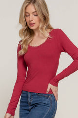 Long Sleeve Scoop Neck with Lace Trim Rib Knit Top: HGY-h grey / L