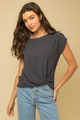 Side Twist Hem Short Sleeve Round Neck