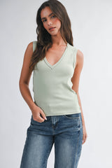8489HK Ribbed V-Neck Tank Top: Matcha / Contemporary / L