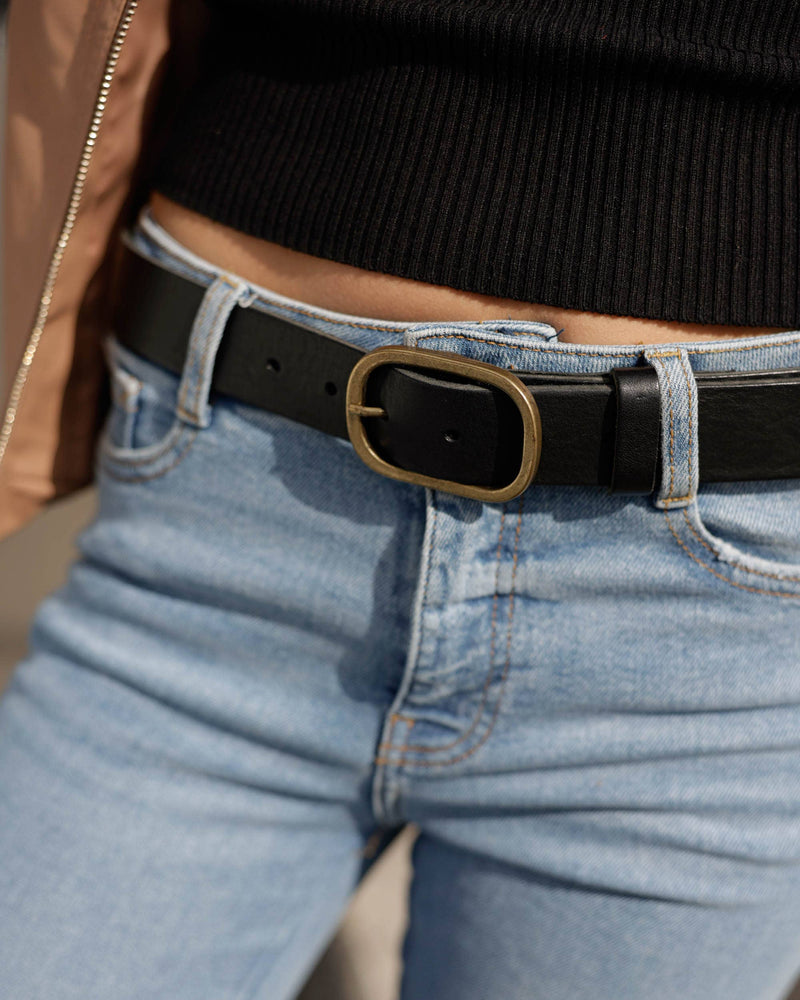 Black Gold Oval Buckle Design Statement Leather Belt Women