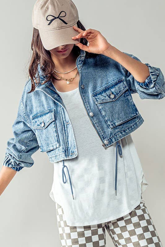 Drawstring Hem Stand Collar Denim Jacket