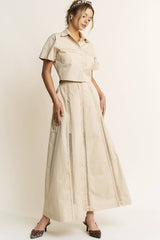 LACE TRIM BUTTON DOWN SHIRT AND MAXI SKIRT SET - HESET0032: SAND / L