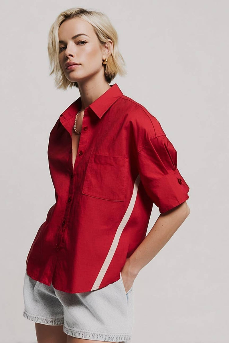 Boxy Half Sleeve Blouse With Stripe Accents