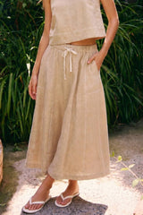 LINEN STITCH MIDI SKIRT: DARK BROWN / S