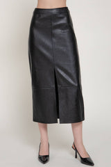 Front Slit Texture Faux Leather Pencil Midi Skirt: BLK-black / L
