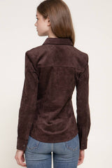Long Sleeve Button Down Stretch Faux Suede Shirt: TPE-dark beige / L