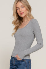 Long Sleeve Scoop Neck with Lace Trim Rib Knit Top: HGY-h grey / L