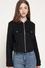 Long Sleeve Crew Neck Felt Jacket with Pocket Flap Detail: BRN-dark brown / L