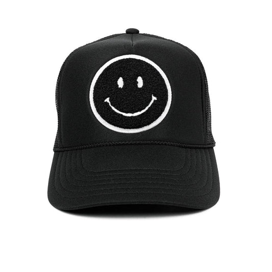 Local Beach Smiley Patch Trucker Hat: Black/Black