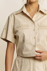 LACE TRIM BUTTON DOWN SHIRT AND MAXI SKIRT SET - HESET0032: SAND / L