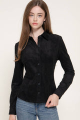 Long Sleeve Button Down Stretch Faux Suede Shirt: TPE-dark beige / L