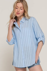 Long Sleeve Button Down Stripe Linen Oversized Shirt: