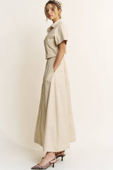 LACE TRIM BUTTON DOWN SHIRT AND MAXI SKIRT SET - HESET0032: SAND / L