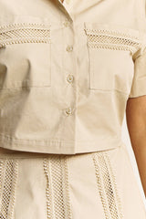 LACE TRIM BUTTON DOWN SHIRT AND MAXI SKIRT SET - HESET0032: SAND / L
