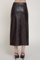 Front Slit Texture Faux Leather Pencil Midi Skirt: BLK-black / L