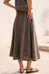 LINEN STITCH MIDI SKIRT: DARK BROWN / S