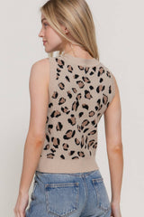 Sleeveless Round Neck Leopard Jacquard Sweater Top: TPE-taupe/brown / L