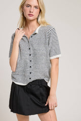 Navy Striped Short Sleeve Button Cardigan