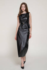 Front Slit Texture Faux Leather Pencil Midi Skirt: BLK-black / L